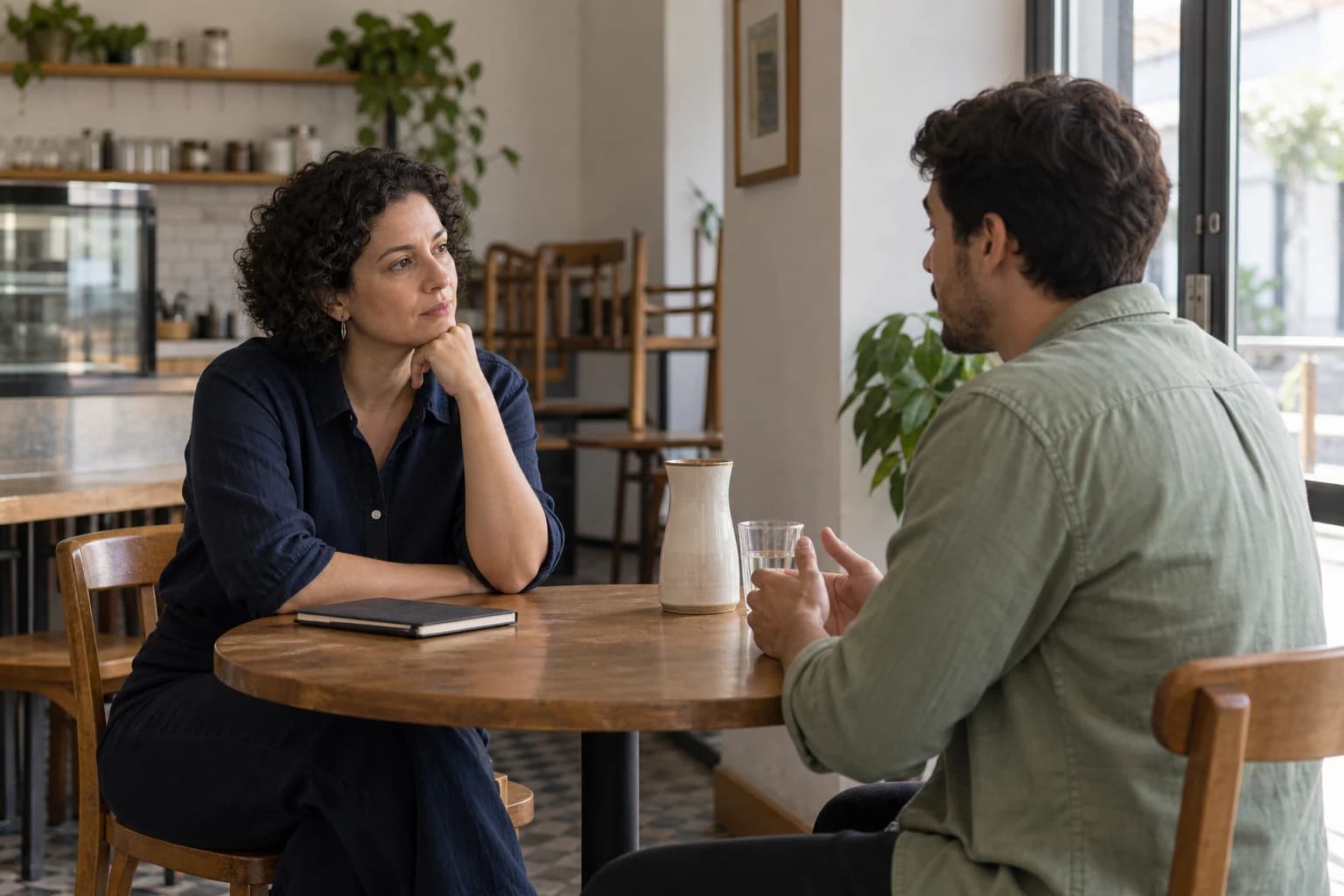 Two people having a hiring conversation in a small business