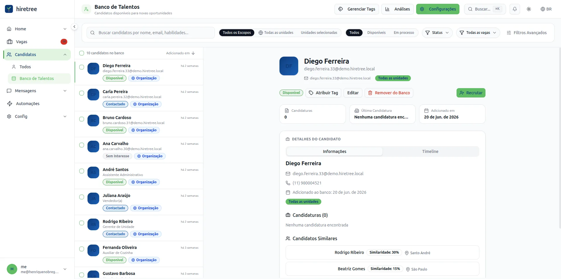 Banco de Talentos do Hiretree com perfil do candidato e candidatos similares sugeridos